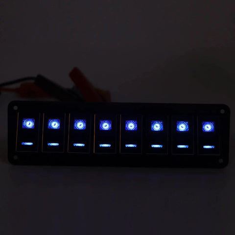 Eight Gang Aluminum Toggle Switch Panel For DC 12V To 24V Systems Waterproof Oxidized Black Finish 20A 5 Pin Blue LED Light