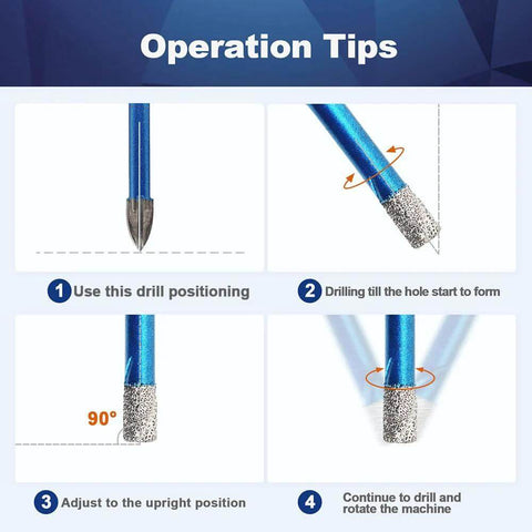 Diamond hole saw drill bit set (1/4 in / 6 mm), blue bit; four-step operation tips infographic