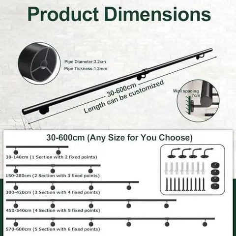 Wall Mounted Stair Railing Adjustable Wrought Iron Banister Non Slip Grab Bar Heavy Duty Metal Handrail For Indoor Outdoor Steps Custom Length Built Tough For Daily Grind product dimensions diagram showing size options and specifications