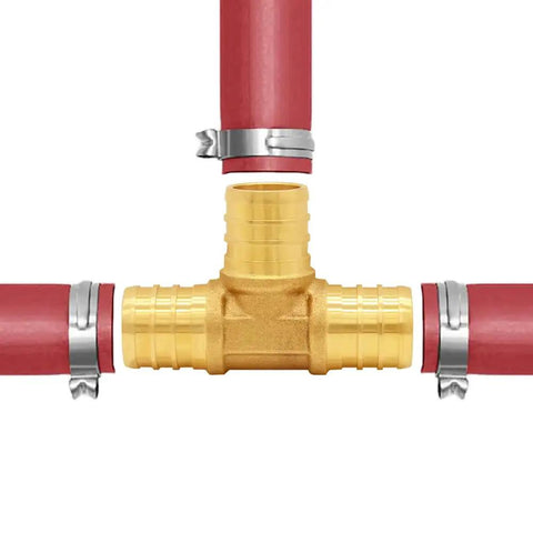 Brass Pex Crimp Fitting Kit Half Inch 28 Piece Set with Tee fitting in red PEX tubing.