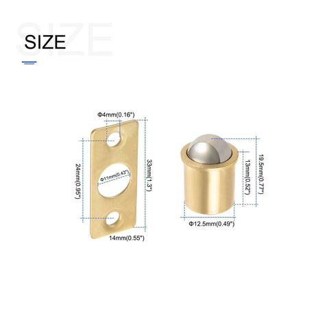 Premium Door Ball Catch And Cabinet Latch With A Snug Pull To Close Mechanism For Pantry Furniture Closet Wardrobe Hardware 5 Piece Pack showing brass ball latch and mounting plate dimensions.