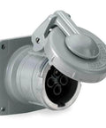 Heavy Duty Pin And Sleeve Receptacle 60 Amp 600 Volt Single Phase Four Pole Industrial Connector side view with protective lid open.