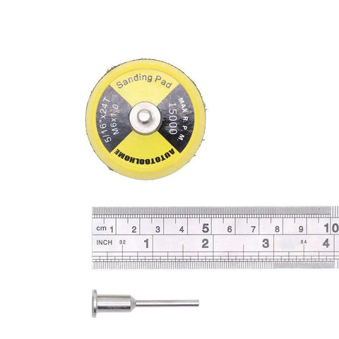 Top view of 100 Pack 2 Inch Sanding Discs Kit With Polishing Pad Plate next to a ruler and connecting rod.