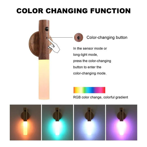 Wooden Motion Sensor Night Lights With Magnetic Body Sensor Dual Mode LED Light color-changing feature with button and RGB modes