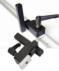 Heavy Duty Woodwork T Slot Miter Chute Limiter With Quick Handle For Standard TTrack DIY Manual Tool, black steel construction for precision measurements.