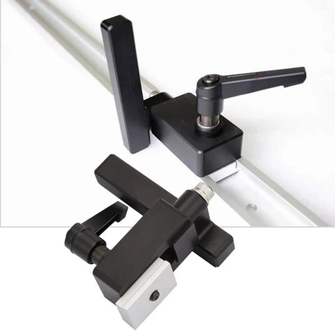 Heavy Duty Woodwork T Slot Miter Chute Limiter With Quick Handle For Standard TTrack DIY Manual Tool, black steel construction for precision measurements.