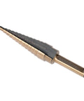 Rock Solid 5 Piece High Speed Steel Step Drill Bit Set With Round Shank For Carbon Steel Iron Aluminum PVC And Wood Featuring Double Groove Design Smooth Boring Tool Kit Heavy Duty Twist Drills That Make Quick Work Of Any Project. single HSS step drill bit with round shank and size markings