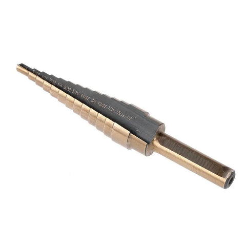 Rock Solid 5 Piece High Speed Steel Step Drill Bit Set With Round Shank For Carbon Steel Iron Aluminum PVC And Wood Featuring Double Groove Design Smooth Boring Tool Kit Heavy Duty Twist Drills That Make Quick Work Of Any Project. single HSS step drill bit with round shank and size markings
