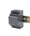 Side view of Ultra Slim 60W DIN Rail Power Supply 100-240V AC In, Pro Grade 5V 12V 24V 48V Outputs, installed on rail.