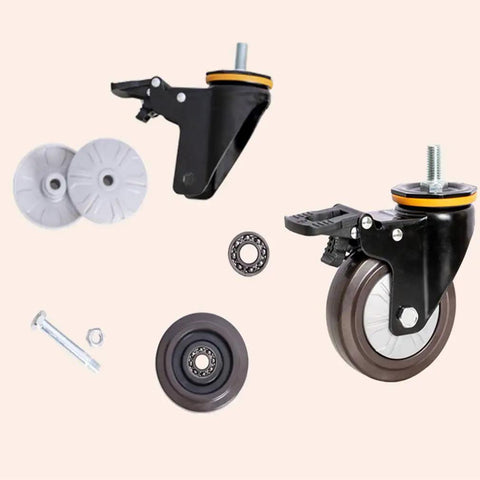 Heavy Duty Rubber Swivel Caster Wheels With Parking Brake, 125 Mm Furniture Rollers, components including wheels and ball bearing.