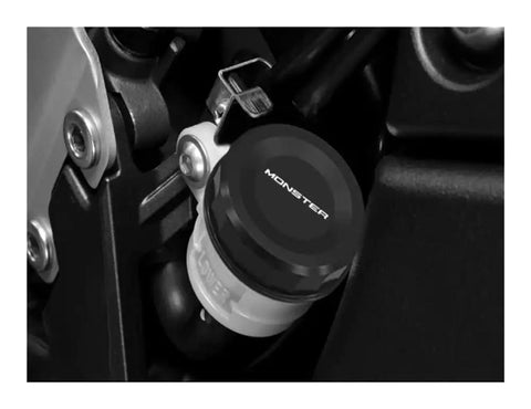 Premium Motorcycle Fluid Cap Tank Cover And Brake Fluid Reservoir Cap on Monster bike, easy install, black finish.