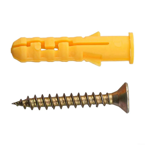 Close-up of Heavy Duty 50 Piece Drywall Anchors And Screws Kit For Plasterboard Walls, M6x40mm carbon steel screw and yellow anchor