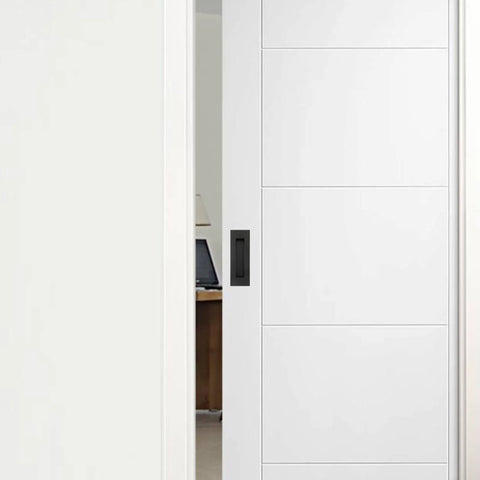 Recessed Finger Flush Pulls For Cabinets And Doors - 4.72 Inch black stainless steel hardware on sliding door, side view