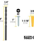 Front view: Klein Tools 53729 conical anchor kit; 4in drill bit, 1/4in bit, #2 Phillips screw, 3/8in wall anchor, 100 pcs