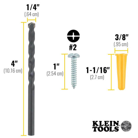 Front view: Klein Tools 53729 conical anchor kit; 4in drill bit, 1/4in bit, #2 Phillips screw, 3/8in wall anchor, 100 pcs