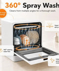 Top Notch No Sweat Countertop Mini Dishwasher With 800 Watt Motor And Six Point Eight Liter Tank Featuring 360 Degree Splash Spray Four Wash Cycles And Seventy Two Hour Fresh Keep Storage For Quick Daily Cleanup showing 360° spray wash feature with upper and lower spray arms.