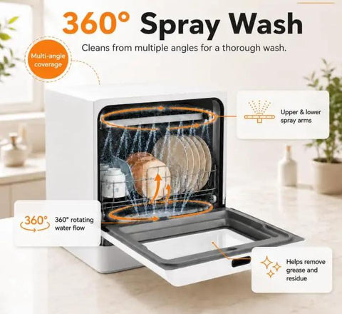 Top Notch No Sweat Countertop Mini Dishwasher With 800 Watt Motor And Six Point Eight Liter Tank Featuring 360 Degree Splash Spray Four Wash Cycles And Seventy Two Hour Fresh Keep Storage For Quick Daily Cleanup showing 360° spray wash feature with upper and lower spray arms.