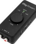 Black iRig Stream Stereo Audio Interface for iPhone iPad Mac and PC with USB C Lightning and USB Ports, 24-bit 96 kHz recording, top view.