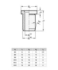Technical diagram of Drill Bushings With Collar Set Of 2, Positioning Bushings DIN 172-B10-12-A, B10 Diameter, Pro Grade Hardened Steel HRC 62 Plus Minus 2, showing dimensions and specifications, RoHS Compliant.