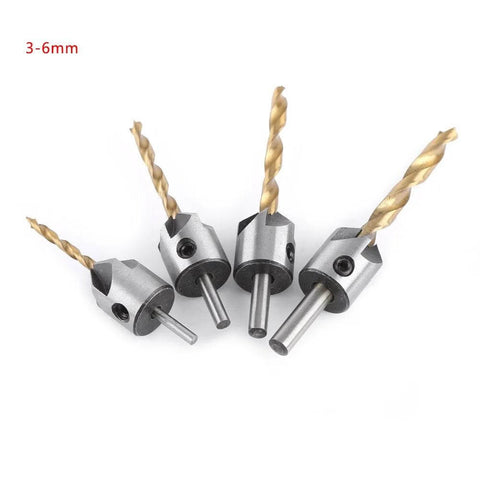 Countersink drill bit set in carbon steel for woodworking; 4-piece kit with hex wrench, 3–6mm