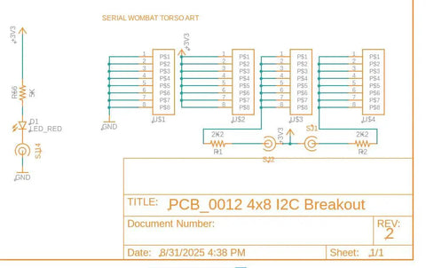 Schematic of 8x4 I2C Bus Breakout Board with LED and pull-up resistors showing connections, part of 4 pack, Wombat compatible PCB.