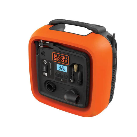 12V DC Multipurpose Inflator With Digital Gauge, High-Volume For Air Mattresses And Rafts, High-Pressure For Car And Bike Tires, Includes Deflate Function For Quick Cleanup, Dope Portable Auto Accessory, featuring orange case.