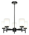 Matte Black Five Light Chandelier With Dual Glass Shades, Adjustable Hanging Pendant Light For Dining Room And Kitchen Island