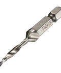 Six Piece Combination Tap And Drill Set Featuring Quarter Inch Hex Shank HSS Metric Threading Taps M3 To M10 Countersink Bit viewed from the side.
