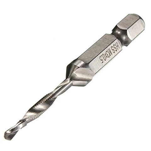 Six Piece Combination Tap And Drill Set Featuring Quarter Inch Hex Shank HSS Metric Threading Taps M3 To M10 Countersink Bit viewed from the side.