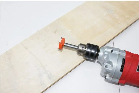 Precision 14mm Forstner Drill Bit Heavy Duty Cemented Carbide Hole Saw on drill over wooden surface for smooth woodworking.