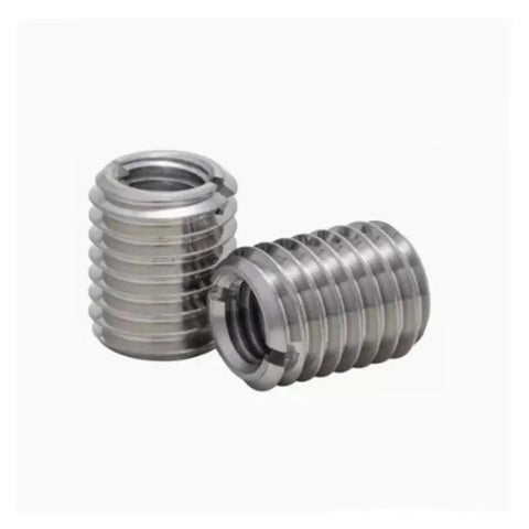 Five Pack Stainless Steel Thread Inserts For DIY Repairs And Heavy Duty Projects With M4 To M6 Slotted Rivet Nuts close-up view of inserts.