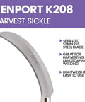 K208 Berry Harvest Sickle with Wooden Handle, showcasing 6.5-inch serrated stainless steel blade, Japanese style curved tool.