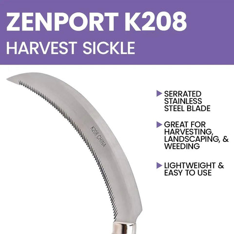 K208 Berry Harvest Sickle with Wooden Handle, showcasing 6.5-inch serrated stainless steel blade, Japanese style curved tool.