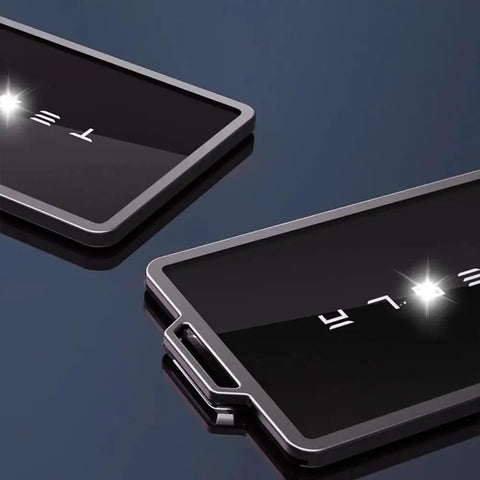 Slick Tesla Key Fob And Key Card Holder Case Hella Protective Ultra Thin Armor Shell For Model 3 Y X S Cybertruck reflecting light.