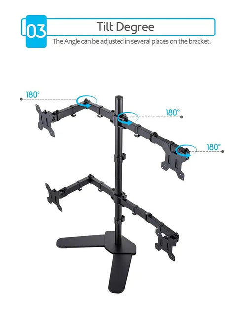 Heavy Duty Quad Arm Desk Mount For Multiple Flat Screens Rock Solid Monitor Bracket with adjustable 180-degree tilt angle.