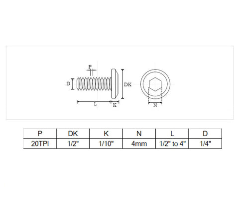 Technical diagram of Flat Head Allen Bolts Quarter Twenty By Two And A Half Inches Stainless Furniture with dimensions chart