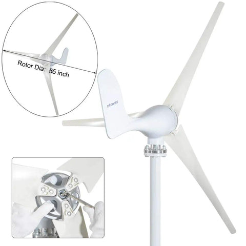 400W Wind Turbine Generator For Home Power, 3 Blade Windmill, Horizontal Shaft Setup, showing rotor and assembly detail