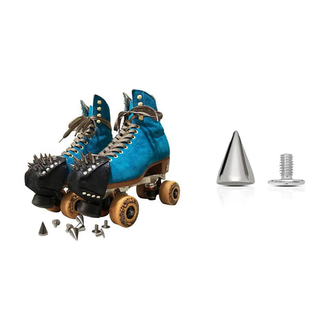 Top Shelf 100 Pair Cone Spike Screwback Studs For Dope Punk Leather Crafting and Sweet Diy Metal Jewelry Projects Clean Hardware Rivets with Sturdy Thread Back Design on blue roller skates.