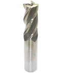 End Mill Drill Bit For CNC Projects With Four Flute Cutter Three Quarter Inch Cutting Diameter Three Quarter Inch Shank Beefed Up High Speed Steel End Mill For Wood Aluminum Steel Titanium Foam And Plastic, showing the bit with four flutes.