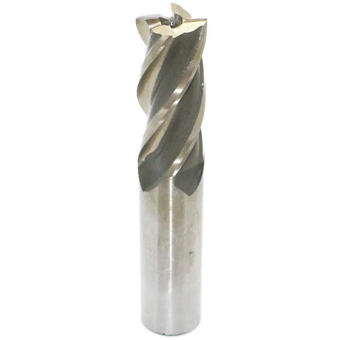 End Mill Drill Bit For CNC Projects With Four Flute Cutter Three Quarter Inch Cutting Diameter Three Quarter Inch Shank Beefed Up High Speed Steel End Mill For Wood Aluminum Steel Titanium Foam And Plastic, showing the bit with four flutes.