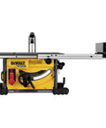 Badass Cordless Table Saw With 8 Inch Blade And 24 Inch Rip Capacity Featuring Flexvolt Auto Voltage Switching Battery Power and precision rack pinion fence setup.