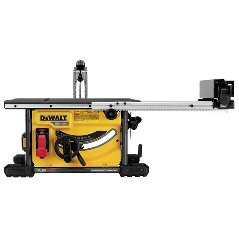 Badass Cordless Table Saw With 8 Inch Blade And 24 Inch Rip Capacity Featuring Flexvolt Auto Voltage Switching Battery Power and precision rack pinion fence setup.