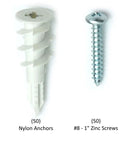 50 nylon anchors and 50 number eight one inch screws from 100 Pack Nylon Self Drilling Drywall Anchors And Screws Kit No Hole Prep Required