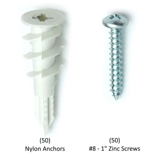 50 nylon anchors and 50 number eight one inch screws from 100 Pack Nylon Self Drilling Drywall Anchors And Screws Kit No Hole Prep Required