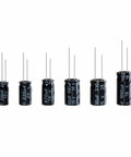 Assorted aluminum electrolytic capacitors from 630 Piece Aluminum Electrolytic Capacitors Kit With 24 Value Ranges From 0.1uF To 1000uF, -40C To 105C Temperature Range, Easy Open Assortment Box For DIY Electronics, Soldering Projects, Pro Hobbyists And Tinkerers.