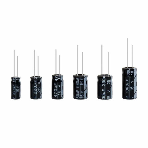 Assorted aluminum electrolytic capacitors from 630 Piece Aluminum Electrolytic Capacitors Kit With 24 Value Ranges From 0.1uF To 1000uF, -40C To 105C Temperature Range, Easy Open Assortment Box For DIY Electronics, Soldering Projects, Pro Hobbyists And Tinkerers.