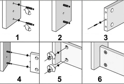 Heavy Duty Stainless Steel Cam Bolt And Dowel Hardware Kit For Flat Pack Furniture Assembly With Pre Inserted Nuts Smooth No Sweat Install Durable Connector Pack Of Twenty Sets Type Five installation guide showing steps for using cam bolts and dowels.