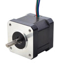 Front-angled view of a NEMA 17 bipolar stepper motor with silver faceplate, black housing and four colored wires.