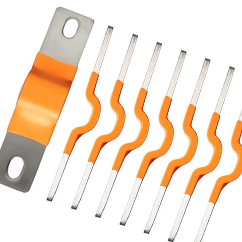 8 Piece Nickel Plated Copper Bus Bars Kit For Solar Power Arrays And Deep Cycle Batteries Heavy Duty shown from above with orange connectors.