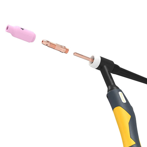 TL-200TP Pro TIG Welding Torch Replacement with 4M Cable showing components including nozzle, collet body, and collet